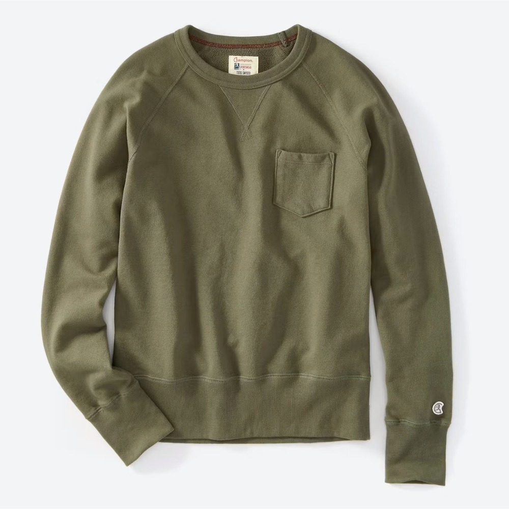 Todd Snyder x Champion Olive Crewneck Sweatshirt with Chest Pocket